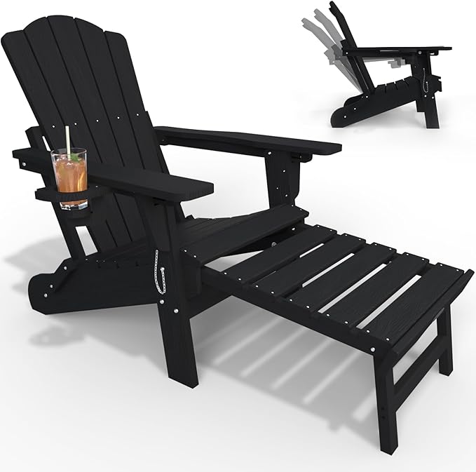 Folding Adjustable Adirondack Chairs with Ottoman & 1 Cup Holders, HDEP Multifunctional Adirondack Chair with Footrest,Black