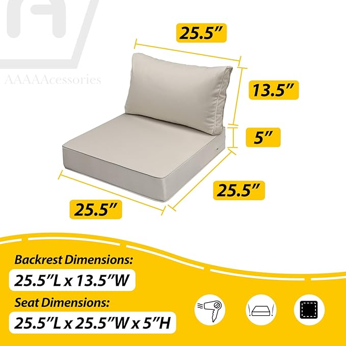 AAAAAcessories Outdoor Seat Cushions for Chairs, Fade-Resistant, Waterproof Patio Furniture Replacement Cushions, 25.5" x 25.5" x 5" + 25.5" x 13.5", Beige