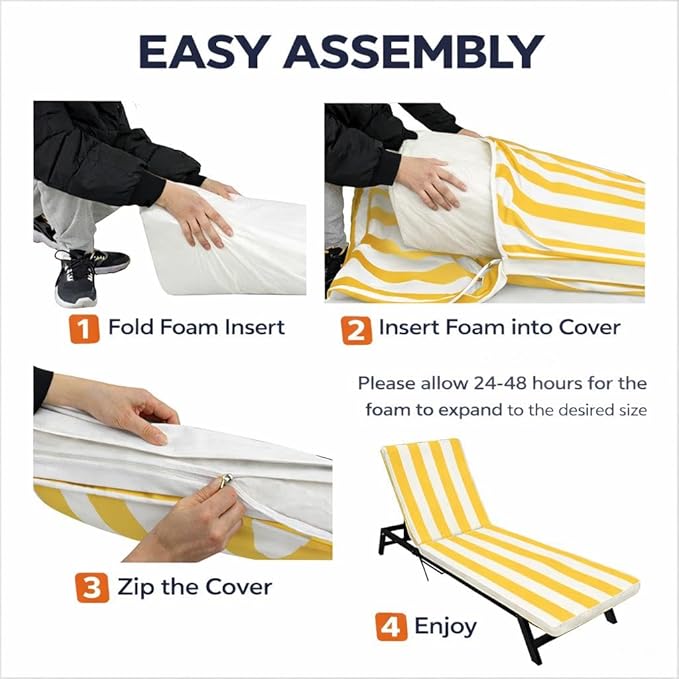 Only choice 2 Pcs Set Outdoor Lounge Chair Cushions Patio Chaise Lounge Chair Cushion Replacement Cushions Furniture Seat Cushions (Yellow White Striped)