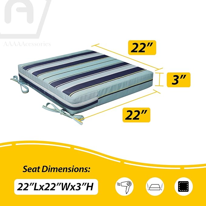 AAAAAcessories Outdoor Seat Cushions for Chairs, Waterproof, Fade-Resistant, 22" x 22" x 3", Patio Furniture Replacement Cushions, Set of 2, Stormy Teal Coastal Stripe