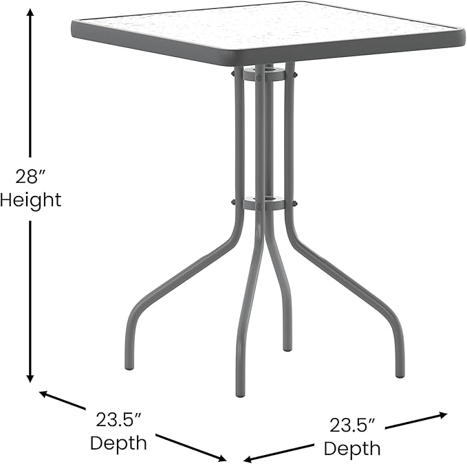 Flash Furniture TLH-0731SQ-017CSV2-GG Lila 23.5'' Square Glass Table with 2 Metal Aluminum Slat Stack Chairs, Silver