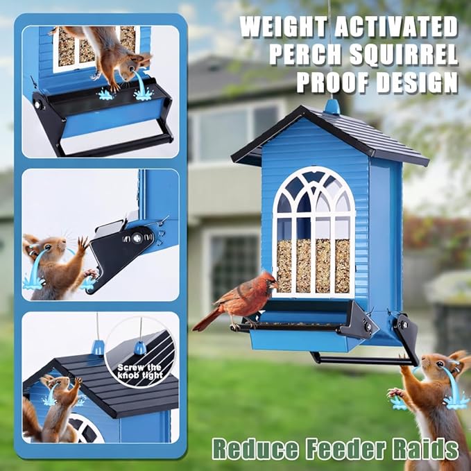 Squirrel Proof Bird Feeder for Outdoors,5LB Large Capacity,Metal Wild Bird Seed Feeder with Bilateral Weight-Activated Perches for Outside Hanging,Garden Decoration,Blue