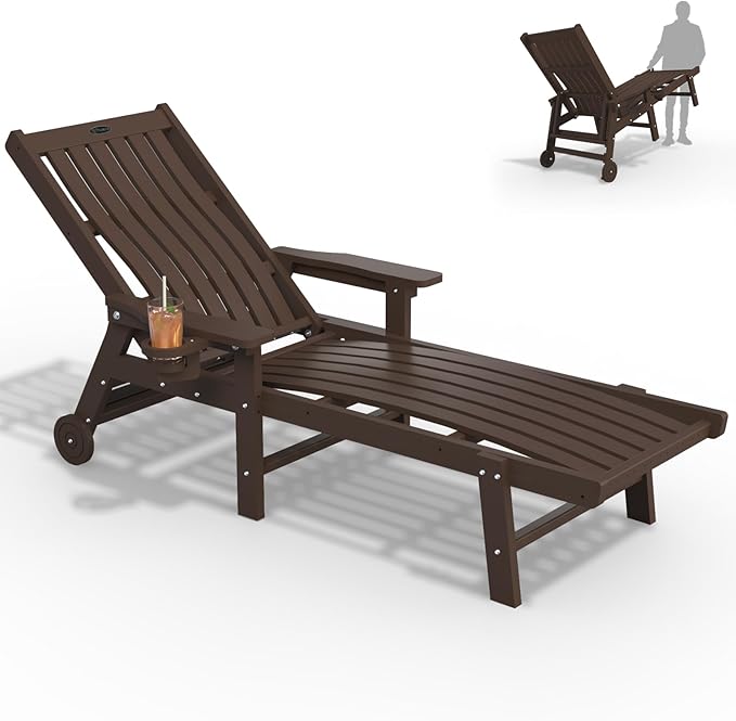 Patio Chaise Lounge Chair, Oversized Lounge Chair Outdoor with 5 Positions, HDPE, Patio Lounge Chair with Wheels & Cup Holder for Pool, Deck, Poolside,Brown