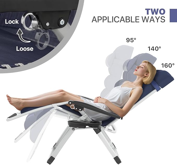 Magshion Zero Gravity Chair with Cushion, Reclining Outdoor Patio Lounge Chair, Folding Indoor Anti Gravity Recliner, Portable Lounger with Removable Cup Holder Side Tray and Pillow Headrest (Blue)