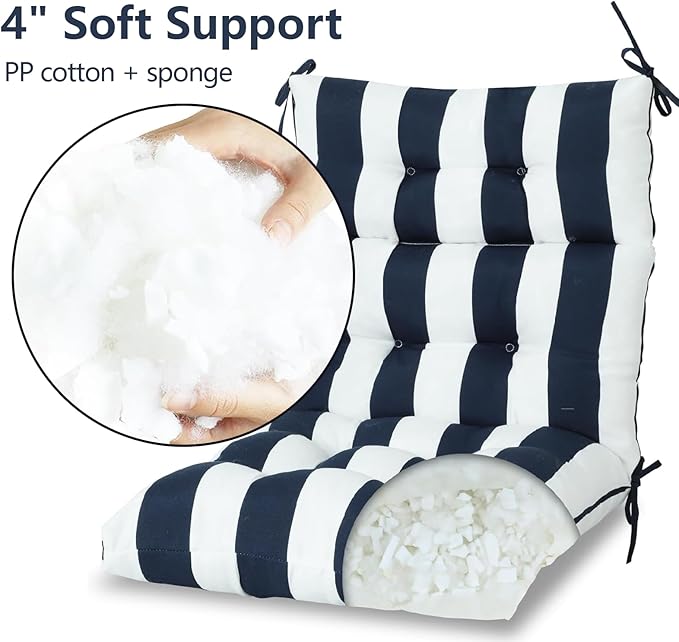 High Back Chair Cushions Set of 2, Adirondack Chair Cushion with Waterproof, Rocking Chair Cushion for Outdoor Patio, Garden Porch 45”x 22”x 4 (2, Navy White B)