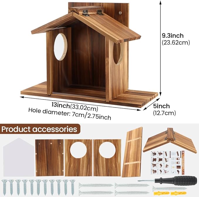 Wood Squirrel Feeder, Outside Squirrel House Box for Corn, Squirrel Picnic Table Feeder Box, Chipmunk Feeder Hold Corn, Corn Cob, Easy to Fill with Removable Front Panel, for Outdoors Winter Tree