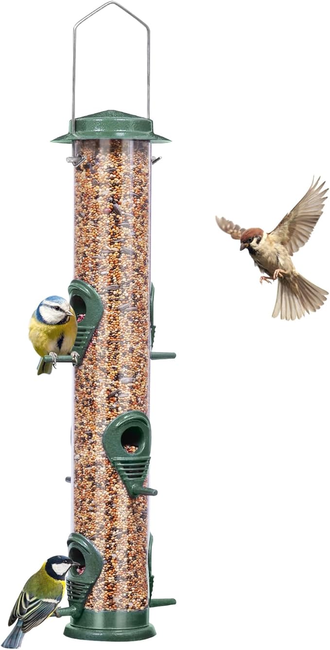 ERYTLLY Metal Bird Feeders 6 Port Tube Bird Feeder for Wild Birds, 1.4mm Extra Thick Solid Tube Transparent with Steel Hanger Bird Feeders Squirrel Proof for Outside