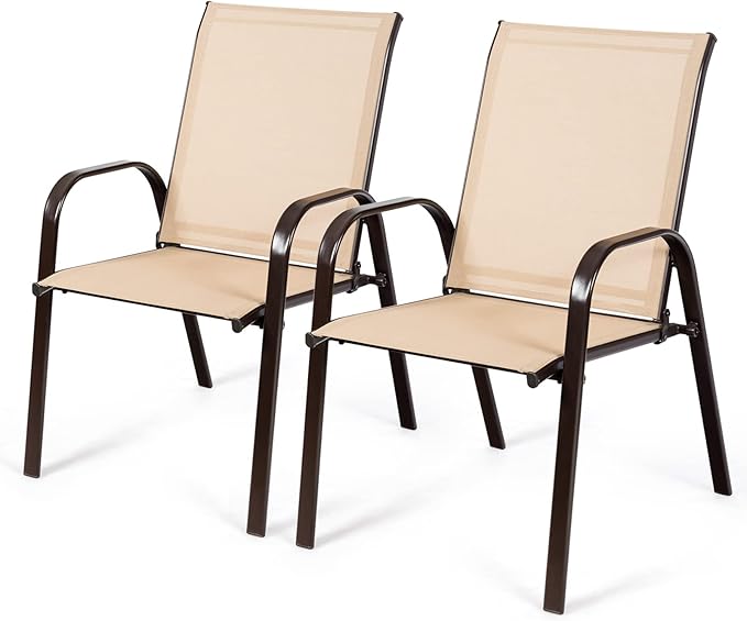 Tangkula 2 Piece Patio Dining Chairs, Outdoor Bistro Chairs W/Curved Armrests, Easy-to-Dry Fabric, Reinforced Steel Frame, Wide & Comfortable Camping Chairs for Garden, Poolside, Backyard (1, Beige)