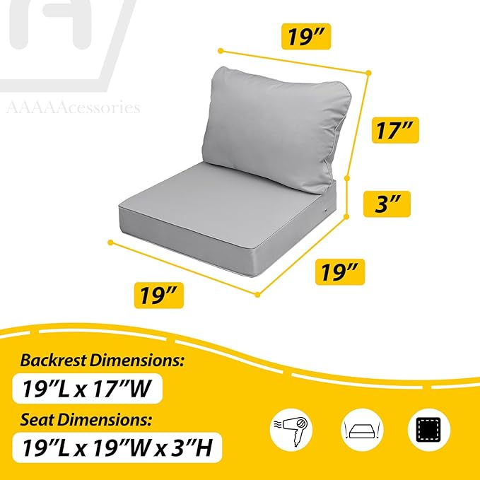 AAAAAcessories Outdoor Seat Cushions for Chairs, Fade-Resistant, Waterproof Patio Furniture Replacement Cushions, 19" x 19" x 3" + 19" x 17", Set of 4, Gray