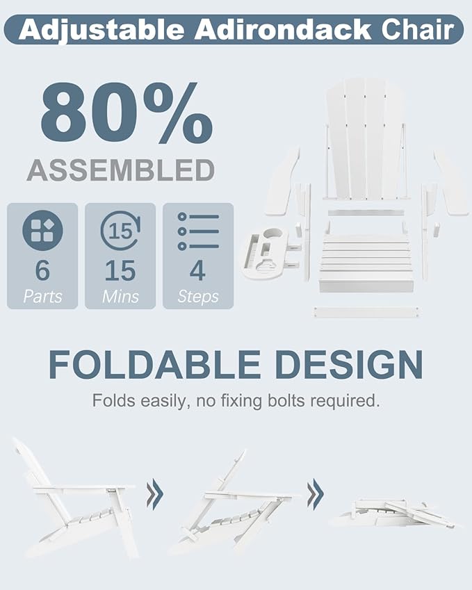 Adjustable Adirondack Chair Set of 8 with Cup Holder, All Weather HDPE Fire Pit Chairs for Deck, Backyard, Patio, White
