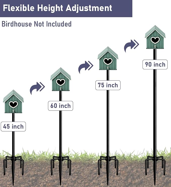 90 Inch Smart Bird Feeder Pole with 5-Prong Base, Adjustable Bird House Pole Mount Kit for Outdoors, Heavy Duty Bird Feeder Stand for Wild Birds Watching, Black