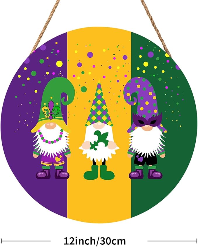 Mardi Gras Gnomes Door Sign For Front Door Decor,Purple Yellow Green Dot Wooden Sign 12"x 12" Round Wood Hanging Door Sign Decoration for Wall Rustic Farmhouse Decor