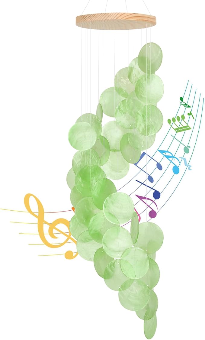 Green Gradient Spiral Shape Capiz Shells Windchime,Shell Wind Chimes for Outside,Coastal Wind Chimes for Indoor/Outdoors,Seashell Wind Chimes,Best Hanging Decor for Balconies,Garden,Yard,Beach