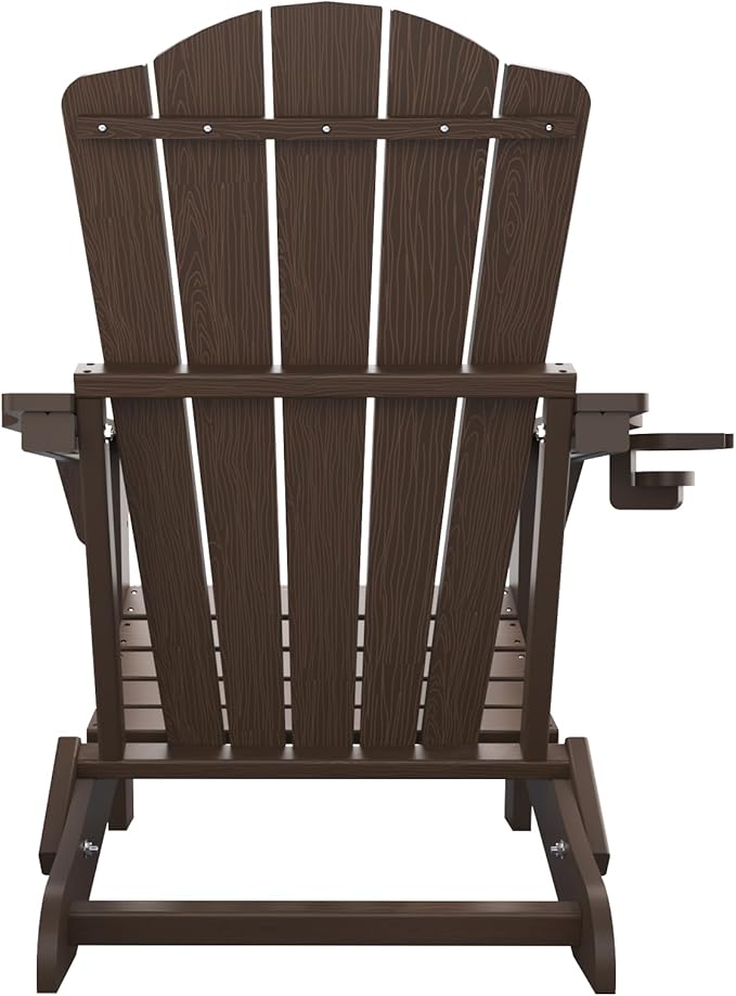 Folding Adirondack Chair Set of 4,HDPE All-Weather Outdoor Chair with Cup Holder,Wooden Textured,Fire Pit Chair,Plastic Patio Chair for Deck,Backyard,Garden,Lawn(Brown)