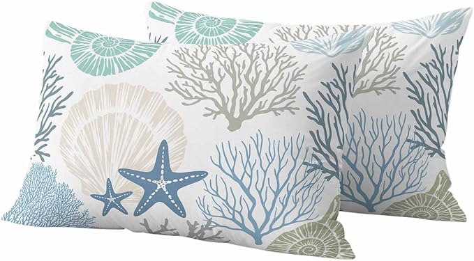 Blue Ocean Shells Coral Waterproof Pillow Covers Set of 2,Conch Starfish Marine Life Outdoor Pillow Protectors with Zipper Pillowcases for Patio Tent Garden Beach 20x12 Inches