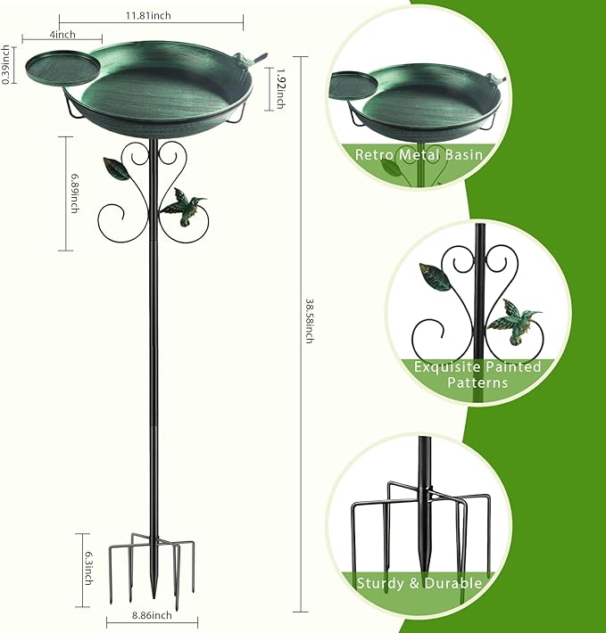 35" Tall Metal Bird Bath for Outdoors with Small Bird Feeder Bowl, 2" Deep 12" Dia Removable Bird Baths for Easy to Clean and Refill, Upgraded 7-Prong Base for Garden, Yard & Lawn (Green)