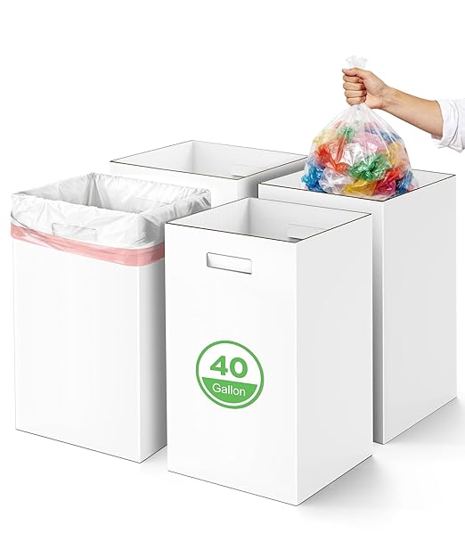 4 Pack Corrugated Cardboard Disposable Trash Cans for Parties, 40 Gallon Collapsible Garbage Cans with Handle, Thick Foldable Bins for Party Events Camping Beach(18.1" L x 18.1" W x 35.7" H), White