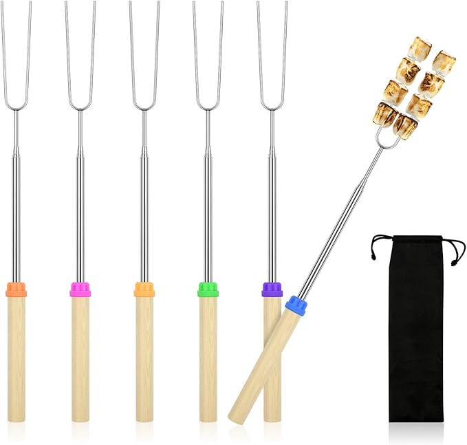 6 Pack Smores Sticks, 32 Inch Marshmallow Roasting Sticks for Fire Pit, Extendable Roasting Skewers with Bag, Hot Dog Fork, Smores Kit for Campfire Camping Essentials
