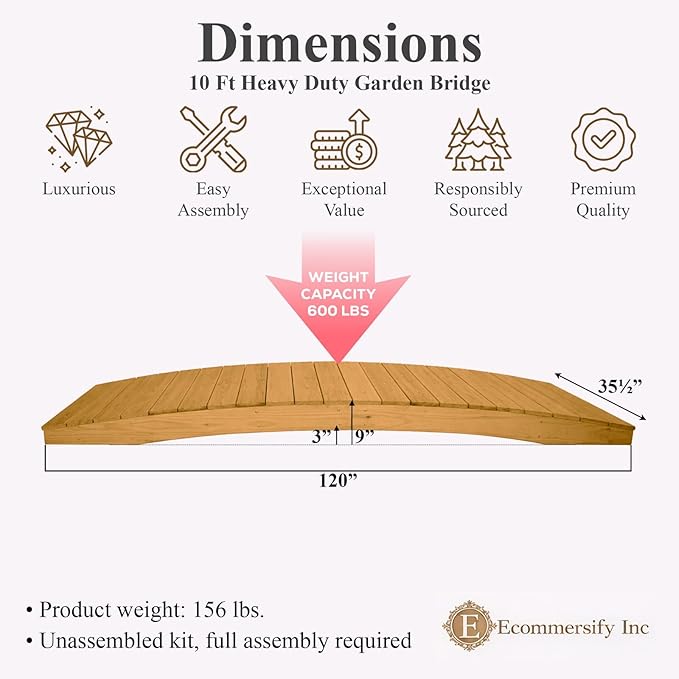10 FT Oak Amish Made Pinewood Heavy Duty Garden Bridge for Walkway, Backyard Pond & Landscaping, Outdoor Wooden Footbridge for Koi Pond, Japanese Style Decorative Bridge, Made in USA