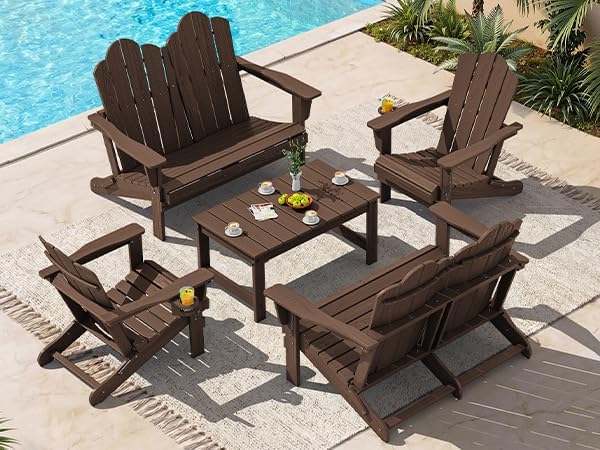 SERWALL 4 Pieces HDPE Patio Adirondack Chair Set, 2 Adirondack Chair with Cup Holder & 1 Adirondack Bench & 1 Coffee Table with Umbrella Hole, Coffee