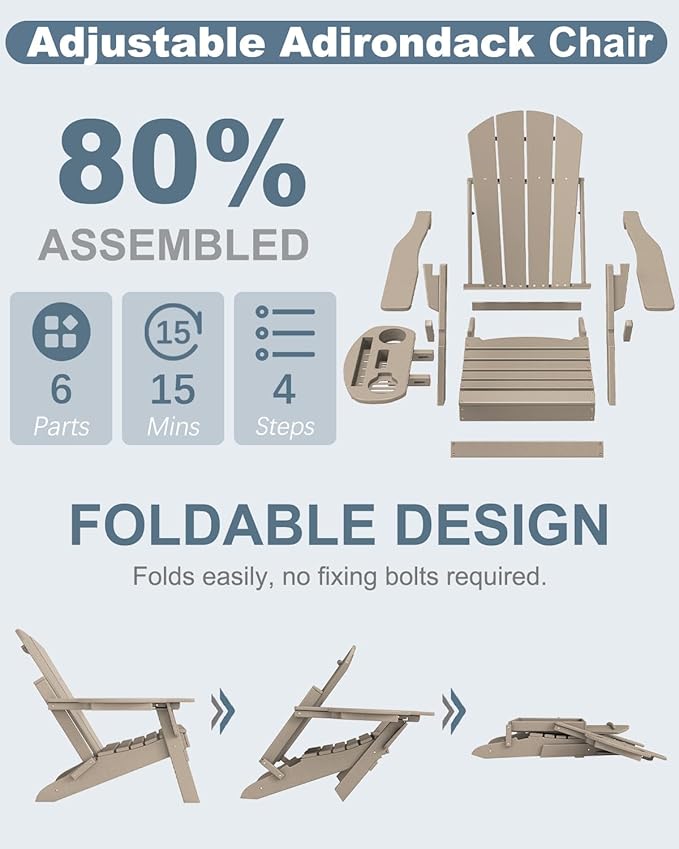 Adjustable Adirondack Chair with Cup Holder, All Weather HDPE Fire Pit Chairs for Deck, Backyard, Patio, Brown
