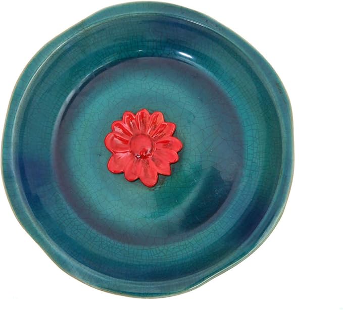 Topadorn Birdbath Ceramic Bowl Decor for Bee Bird Bath Outdoor Garden Vintage Yard ,Blue with Red Flower
