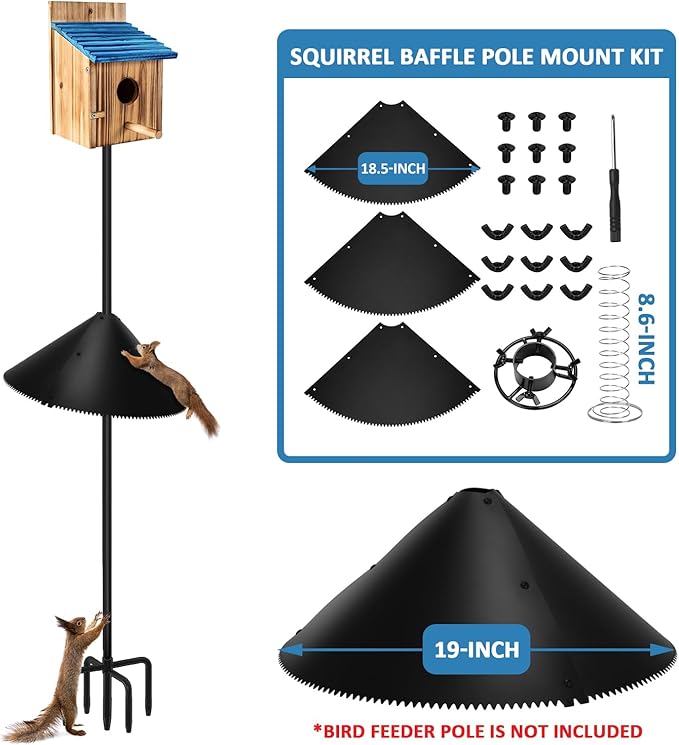 Squirrel Baffle for Bird Feeder Pole, Squirrel Guard with Mounting Bracket, Spring-Supported and Spiked Edge, for 1x1 Post, 19-Inch, Black