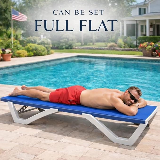 Kozyard Outdoor Chaise Lounge Chair, Full Flat Adjustable Patio Lounger with Aluminum Frame & Resin Legs, Textilene Fabric for Poolside, Backyard & Beach (Blue)