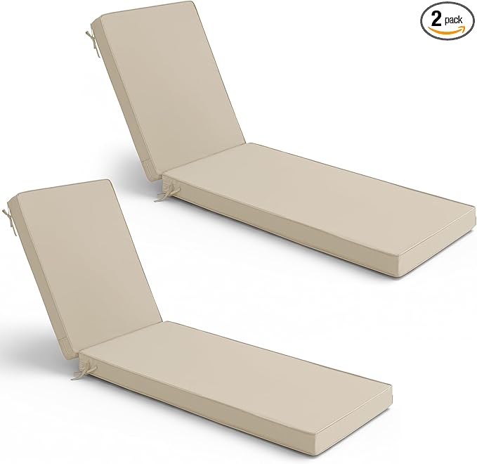 Chaise Lounge Cushions Outdoor Set of 2 - Waterproof and Fade Resistant Sun Lounger Replacement Cushion - Patio Lounger Pads with Removable Cover for Pool, Deck, Lawn, 80 x 26 x 3 Inch, Cream
