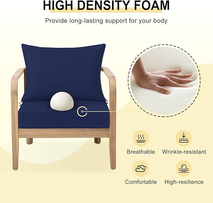 downluxe Outdoor Chair Cushions 24x24 with Removable Cover, Waterproof Patio Furniture Cushions, Deep Seat Cushions for Outdoor Furniture with Backrest for Sofa, Couch and Patio Chairs, Navy