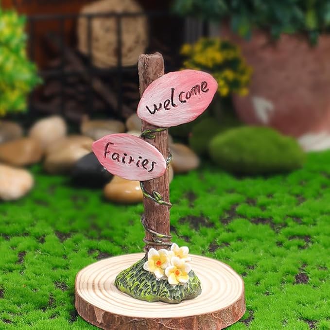 2Pcs Welcome Sign Fairy Garden Decor and Cute Flower Shaped Sculpture Statue Fairy Garden Decor House Miniature Garden Sculpture Statues Accessories
