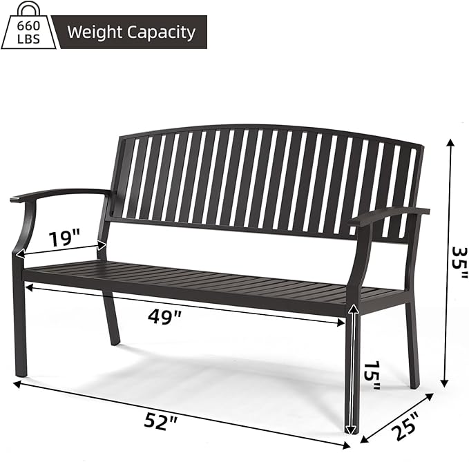52" Outdoor Bench Weatherproof, Aluminum Metal Patio Garden Bench, Patio Loveseat for Porch Garden Lawn Backyard Park Balcony(Grey, 1PC)