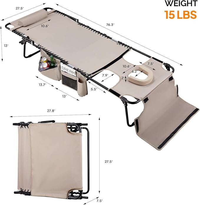 Bonnlo Oversized Folding Tanning Chair with Face Hole & Carrying Bag,Beach Lounge Chair Outdoor for Adults, Portable Sunbathing Recliner,Laying Out Chairs for Tanning Lounger Outside,Supports 265 lbs