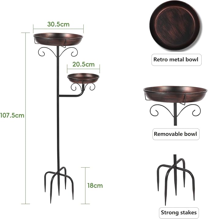 Large Birdbaths for Outdoors with Stand, Copper Bird Bath Outside with Two Removable Bowls, Bird Feeder with Stakes for Metal Garden Decor Ornament