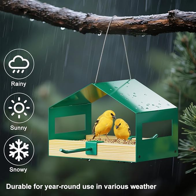FANHAO Metal Bird Feeder for Outdoor Hanging, Wild Bird Feeder House with Rust-Resistant Mesh, Hanging Platform Bird House Feeder for Attracting Birds, Weatherproof, Easy to Clean & Refill