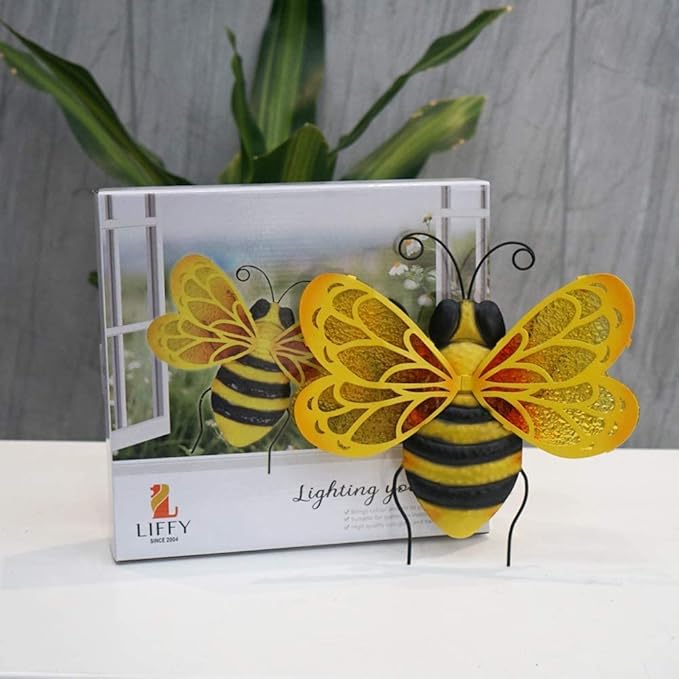LIFFY Metal Bee Wall Decor,10" Hanging Glass Bumblebee Outdoor Decor,Decorative Garden Ornaments Outside for Home Patio Fence Yard