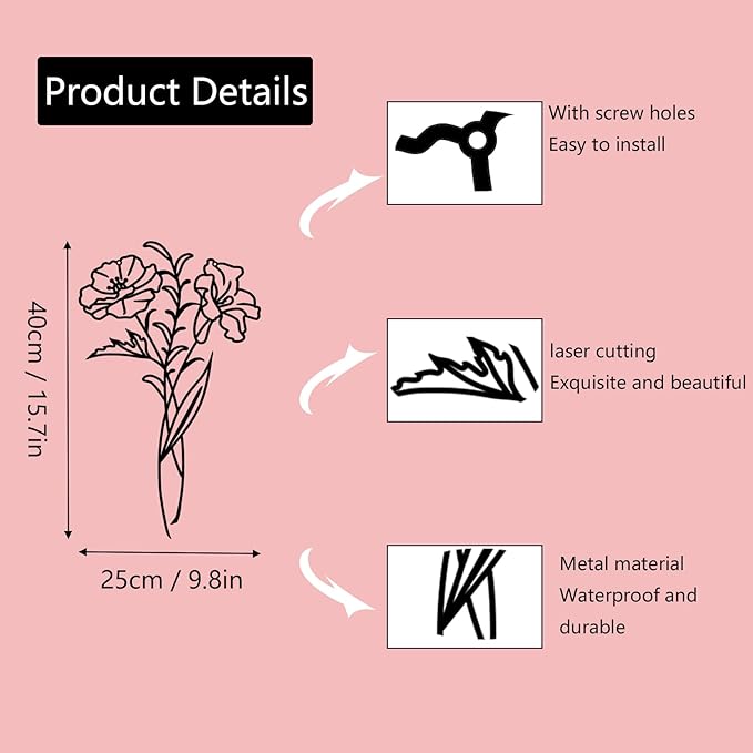 DUOOLN Metal Flowers Wall Art Decor, Minimalism Flower Hanging Iron Wall Decoration, Modern line Painting Wall Art Sculpture Sign，Home Bedroom Bathroom Outdoor Indoor Kitchen Decor