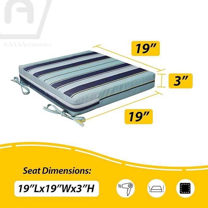 AAAAAcessories Outdoor Seat Cushions for Chairs, Waterproof, Fade-Resistant, 19" x 19" x 3", Patio Furniture Replacement Cushions, Set of 2, Stormy Teal Coastal Stripe