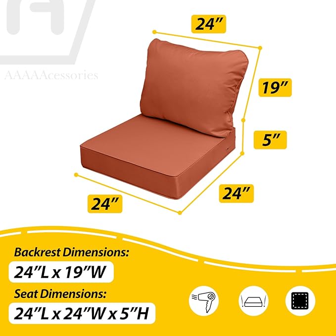 AAAAAcessories Outdoor Seat Cushions for Chairs, Fade-Resistant, Waterproof Patio Furniture Replacement Cushions, 24" x 24" x 5" + 24" x 19", Rust