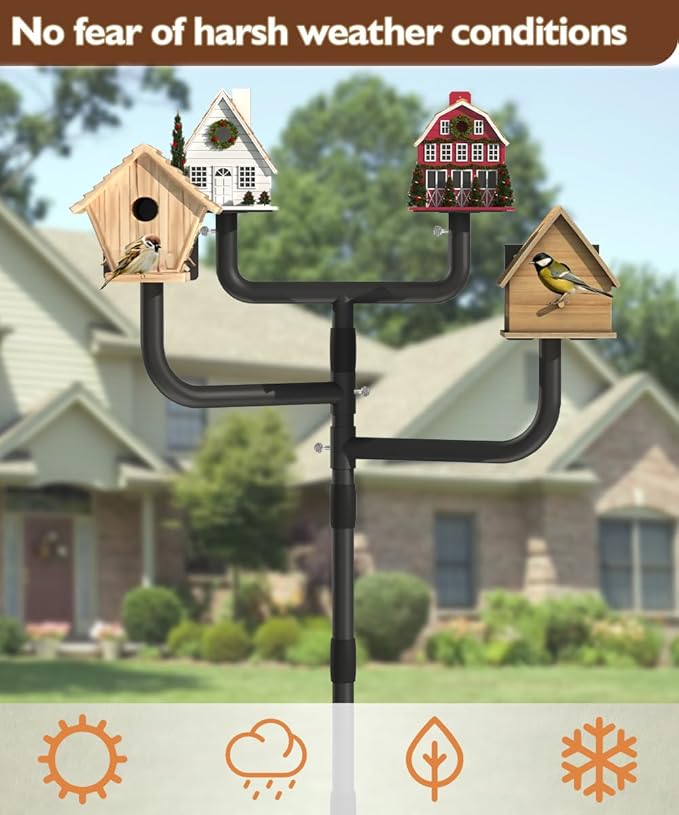 Garbuildman Upgraded Smart Bird Feeder Pole for 4 Birdhouses with Reinforced 5-Prong Base, Adjustable Birdhouse Pole for Outdoors, 4-in-1 Bird Feeder Stand Mounting Kit for Wild Birds Watching, Black