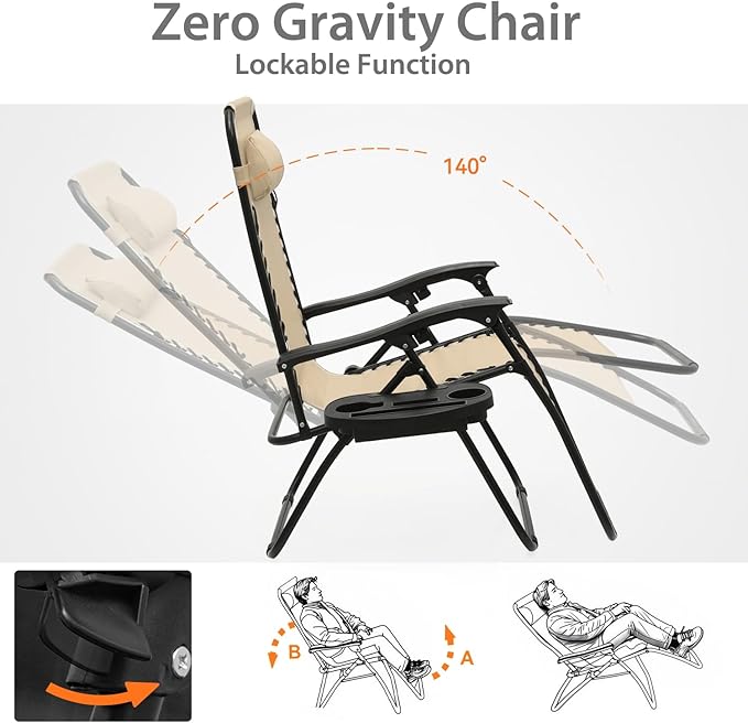 Zero Gravity Chairs, Portable Folding Reclining Lounge Chairs with Adjustable Pillow and Cup Holder Trays for Outdoor, Patio, Beach, Camping, Garden, Poolside, Set of 2 Beige