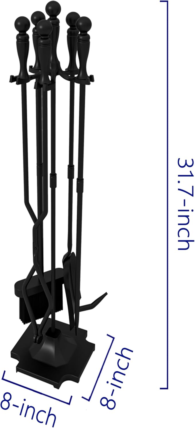 Kingson 5 Pcs Fireplace Tools Sets Heavy Duty Wrought Iron Large Fire Tool Set and Holder Outdoor Fireplace Tools Black