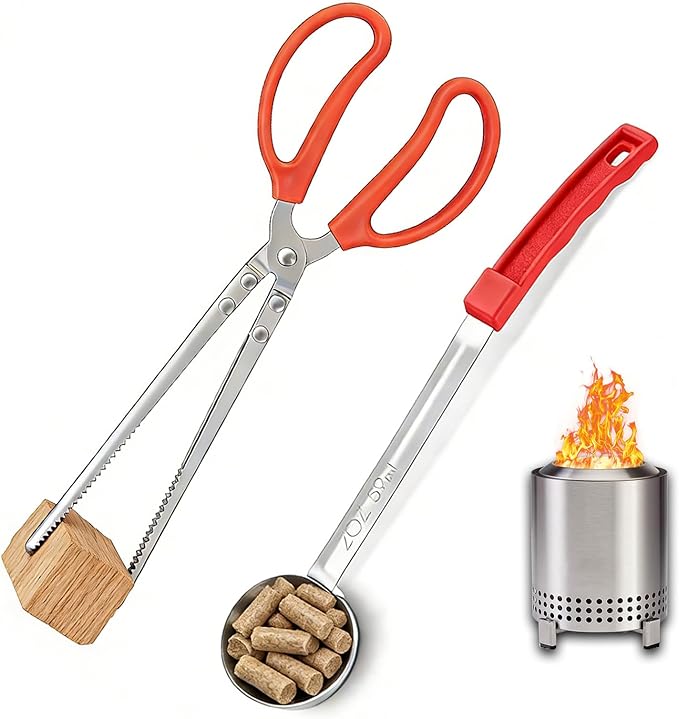 Mini Fire Stick Tongs and Pellet Scoop Set Compatible with Solo Stove Mesa/XL, Tabletop Fire Pit Accessories, Small Firewood Grabber, and Pellet Management Tool