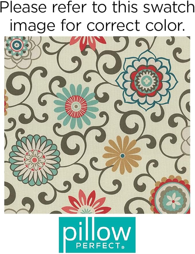 Pillow Perfect Bright Floral Indoor/Outdoor 1 Piece Split Back Chair Cushion Set With Ties, 1 Count, 40.5" x 21", Blue/Brown Pom Pom Play
