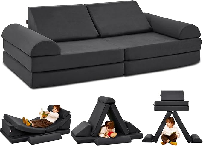 jela Kids Couch Safety Certified Play Couch Soft Kids Sofa with Machine Washable Cover Thick Foam Fort Building Set for Playroom Indoor (57"x28"x18", Charcoal)