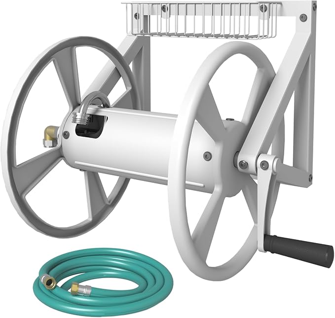 Triangle Wall Mounted Garden Hose Reel, Outdoor Heavy-Duty Water Hoses Holder Winder, Holds 125 Ft of 5/8-Inch Hose, with 3.9 ft Leader Hose, Brass Fitting, Storage Basket for Yard, White