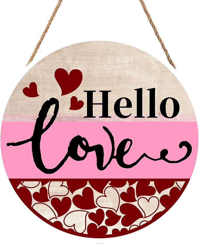 Valentine's Day Hello Love Door Sign For Front Door Decor,Red Heart Wooden Sign 12"x 12" Round Wood Hanging Door Sign Valentines Decoration for Wall Rustic Farmhouse Porch Decor