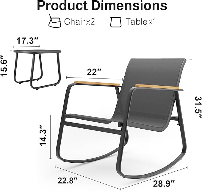 Aiho 3 Piece Rocking Bistro Set, Textilene Fabric Patio Furniture Set, Front Porch Rocker Chairs with Coffee Table for Lawn, Garden, Balcony, Poolside (Black)