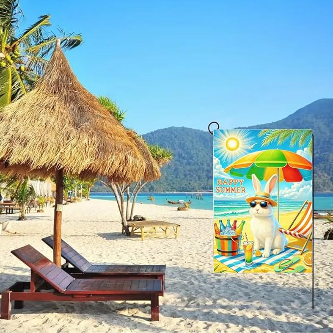Summer Garden Flag 12x18 Double Sided, Burlap Outdoor Beach Sea Bunny Garden Flags Summer Coastal Decorations, Small Decorative Ocean Yard Flags for Outside Lawn Porch Décor