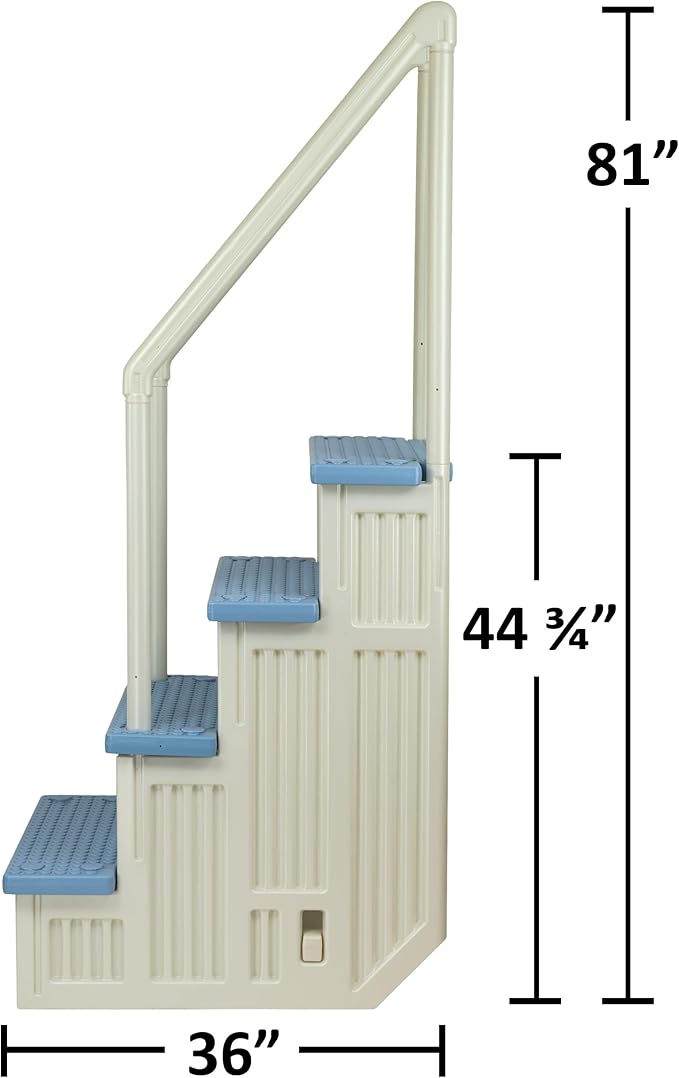 Aqua Select Anti-Slip in-Pool Safety Stairs with Outside Flip-Up Ladder | Pearl White w/Tranquil Blue Steps | for Above Ground Swimming Pools | Mounts to Decks 48" to 54" H | Capacity Up to 350 lbs